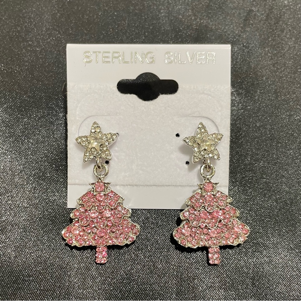 Sterling Silver Pink Christmas Tree Earrings, NWOT